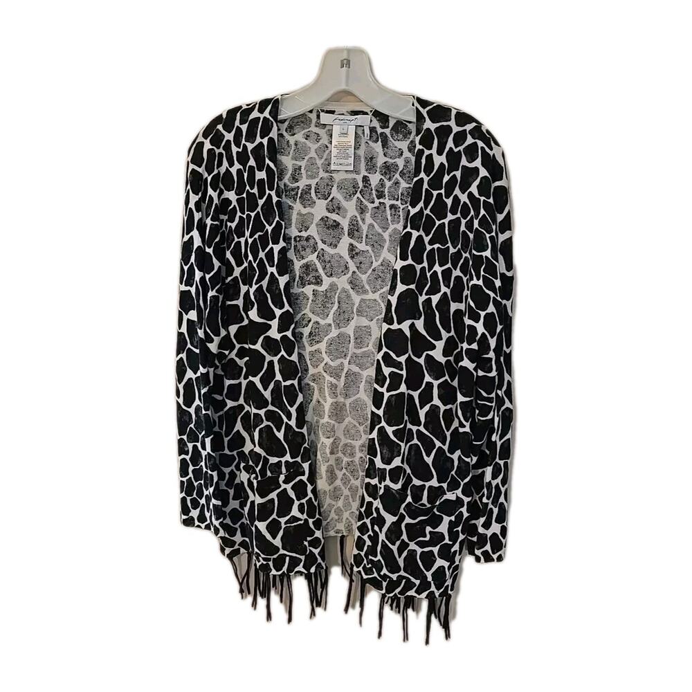 Foxcroft Black Leopard Print Open Front‎ Fringe Cardigan Sweater Womans Sz Large
